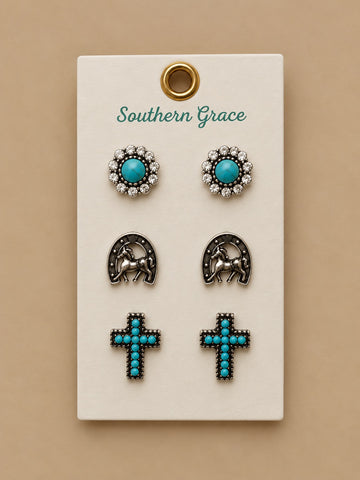 Flower Stud with Horse Shoe and Cross