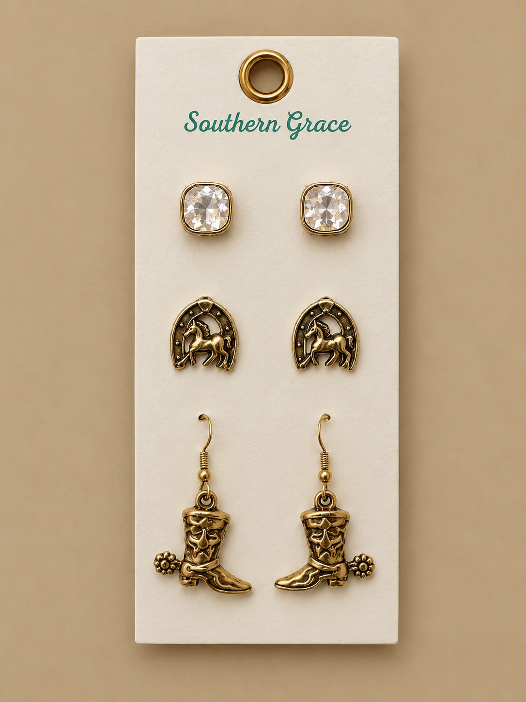 Clear stone with Horse Shoe and Boots, Copper