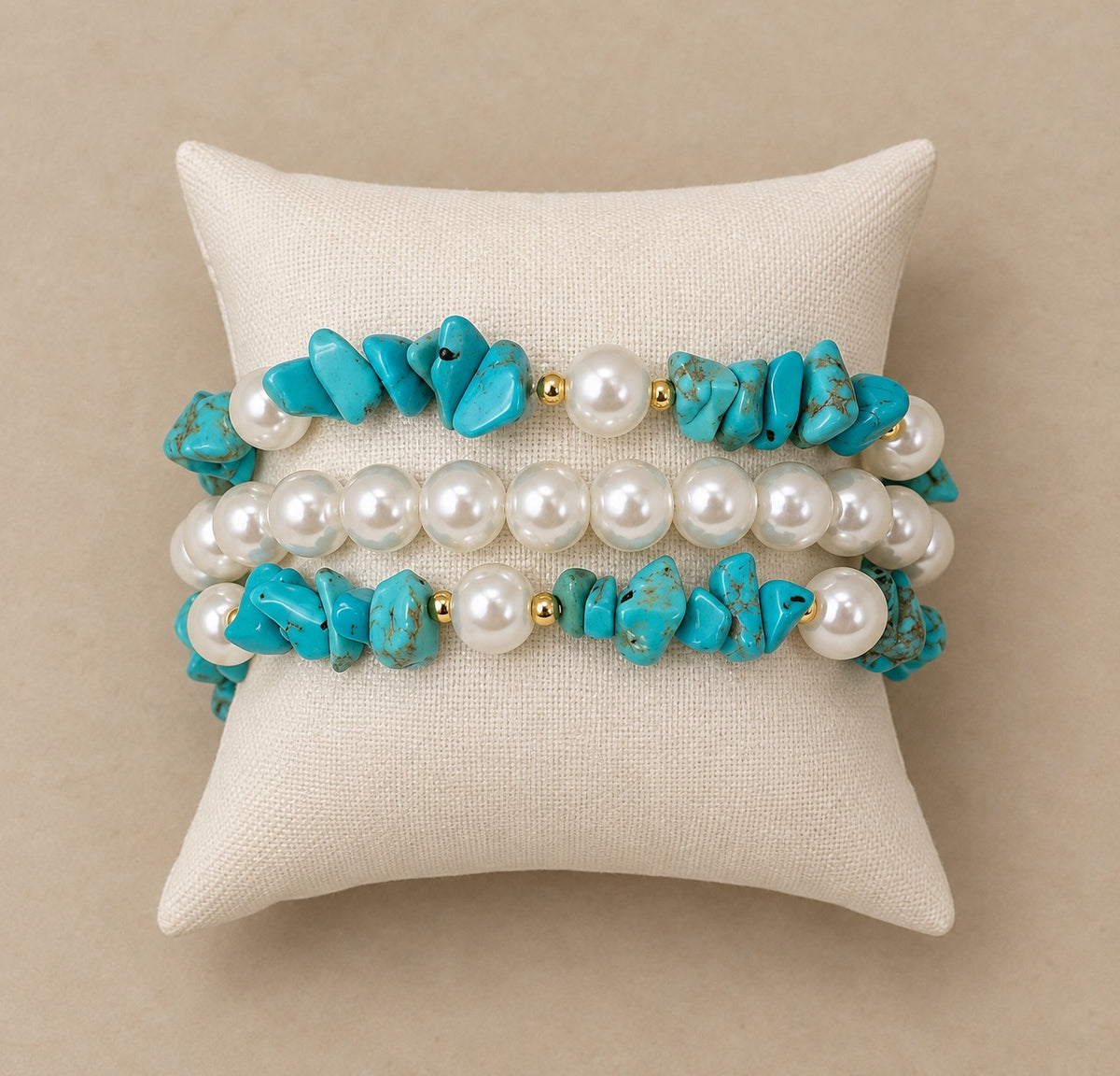 3-Strand Natural Turquoise and Pearl Bracelet Stack