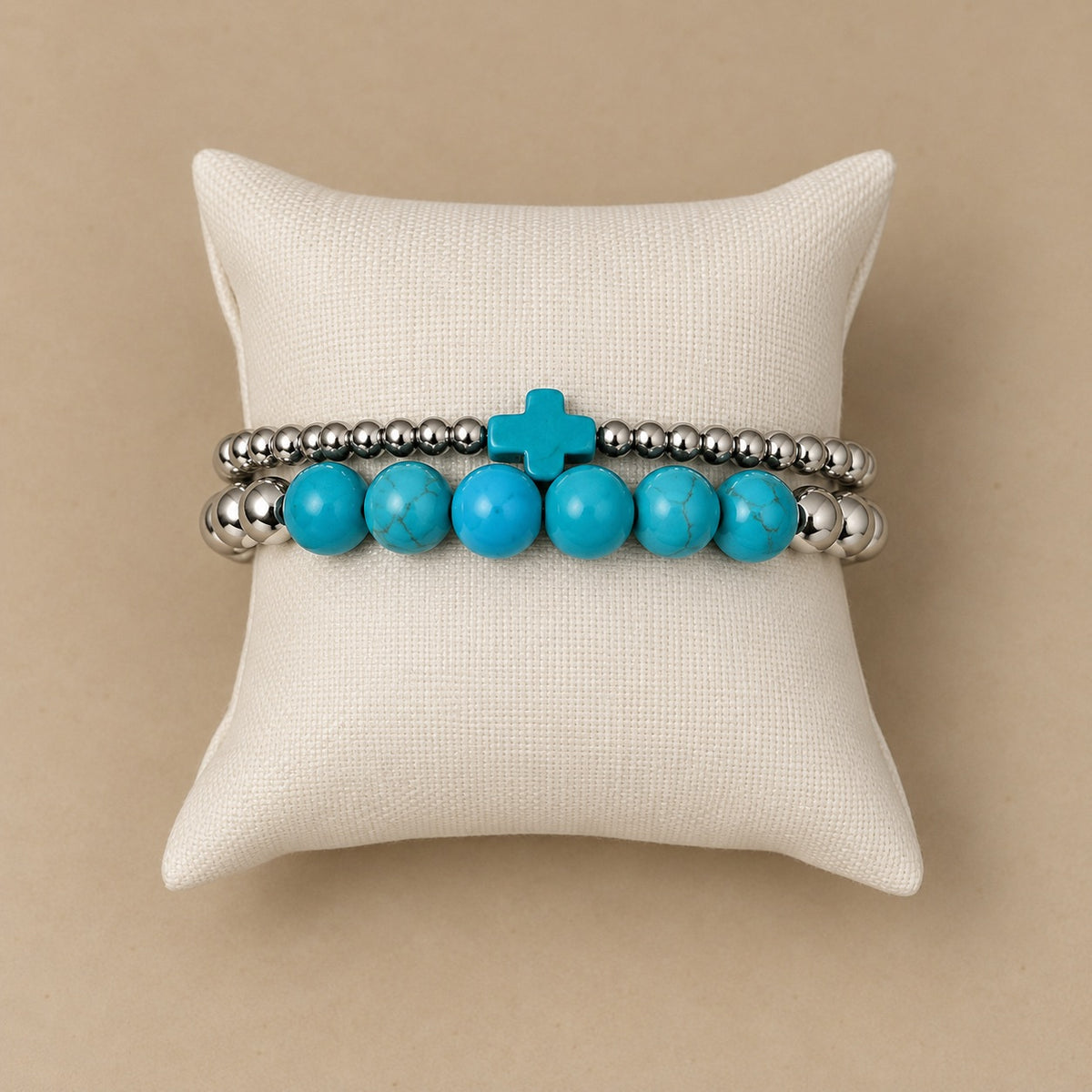 2-Strand Silver Bracelet Set with Turquoise Stones
