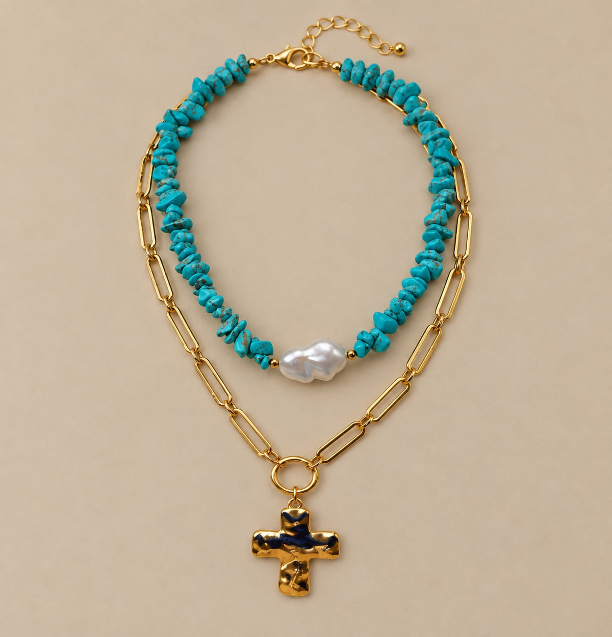 Gold Cross with Turquoise Natural Stone
