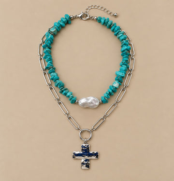 Silver Cross with Turquoise Natural Stone