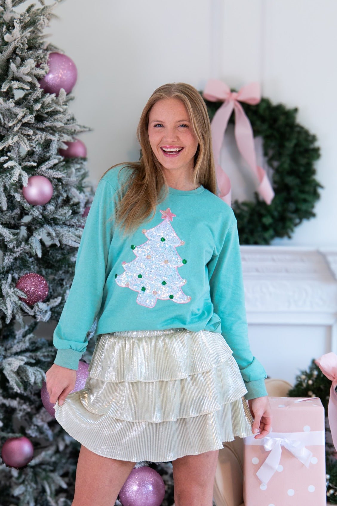 Sequin Tree Patch on Mint Sweatshirt