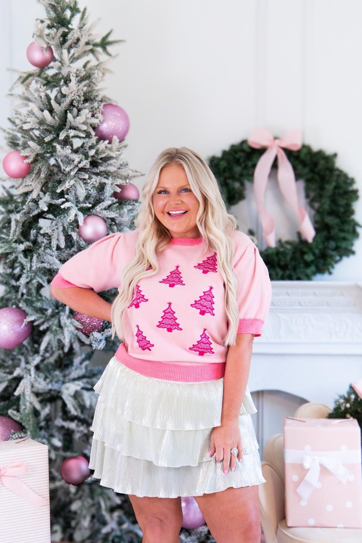 Glitter Trees on Puff Sleeve Knit Top