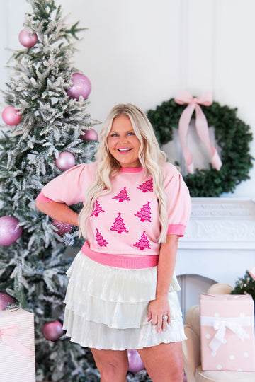 Glitter Trees on Puff Sleeve Knit Top