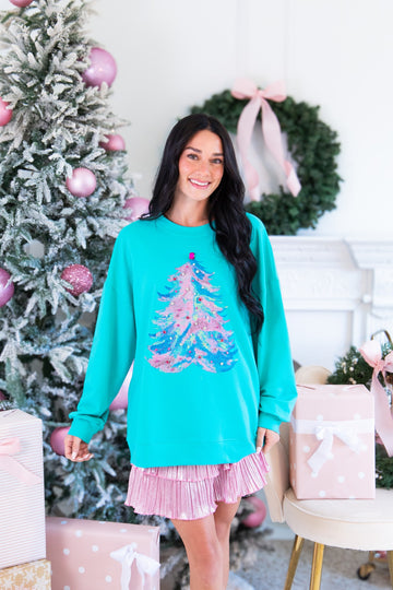 Colorful Christmas Tree with Jewel Datail on Turquoise Longsleeve Top