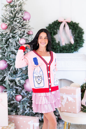 Pink Cardigan with Champagne Bottle Patches