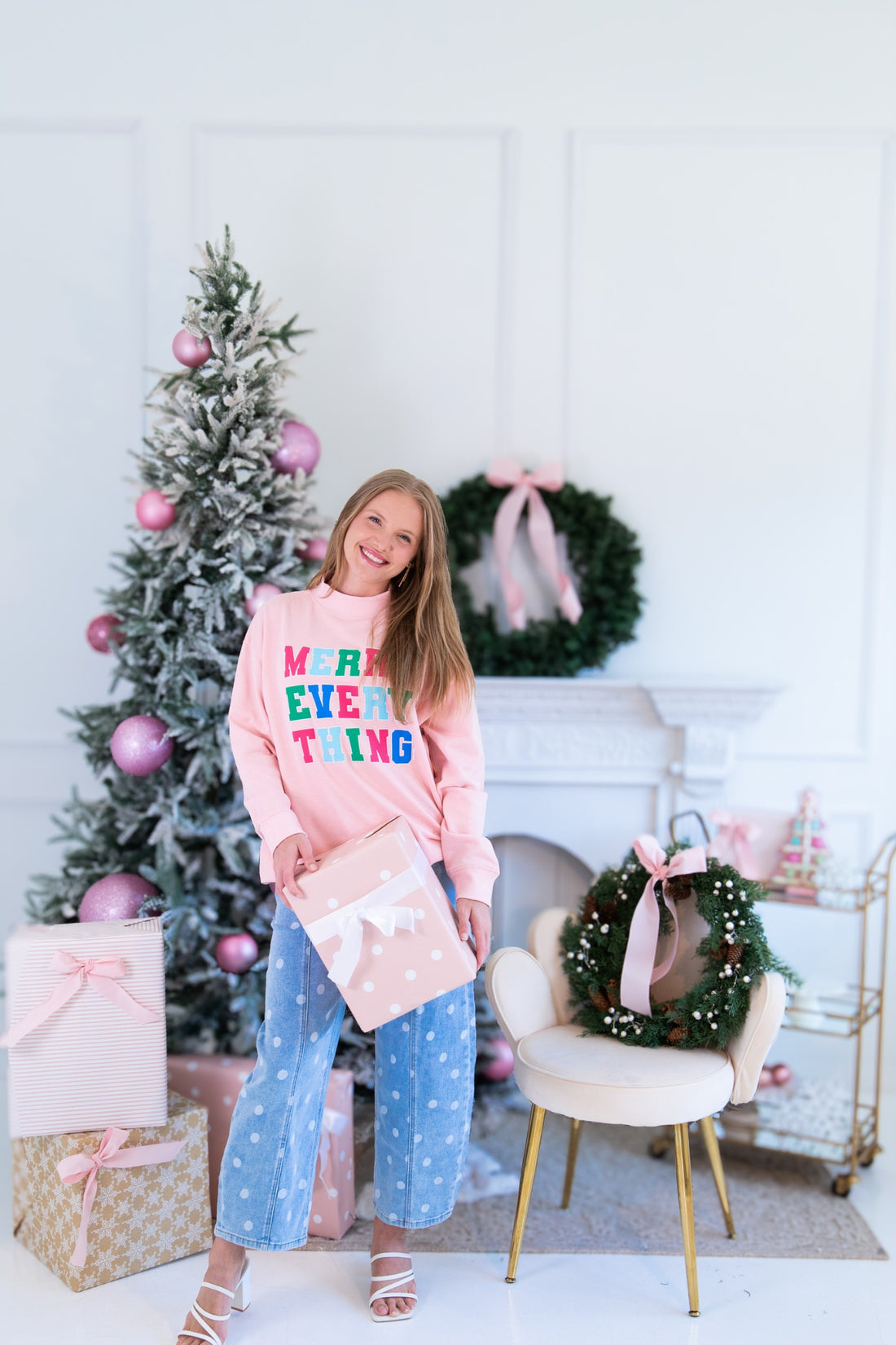 "Merry Everything" on Mock Neck Sweatshirt, Light Pink