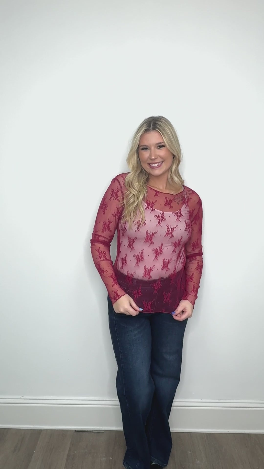 Lace Long-sleeve Top, Red