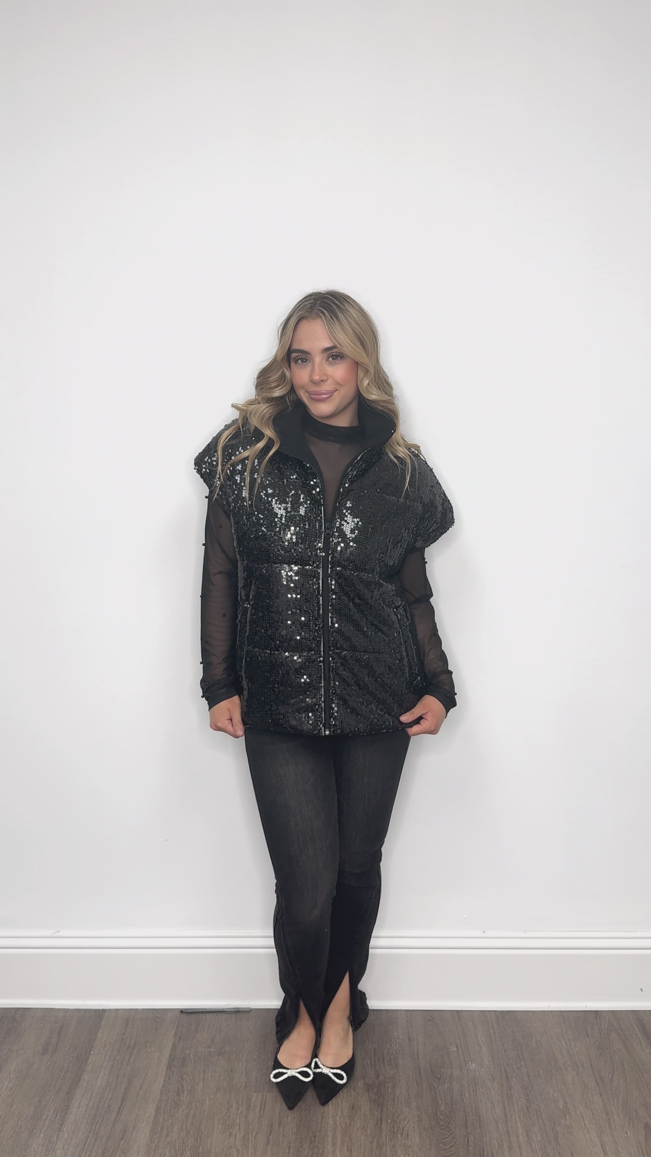 Sequin Puffer Vest, Black