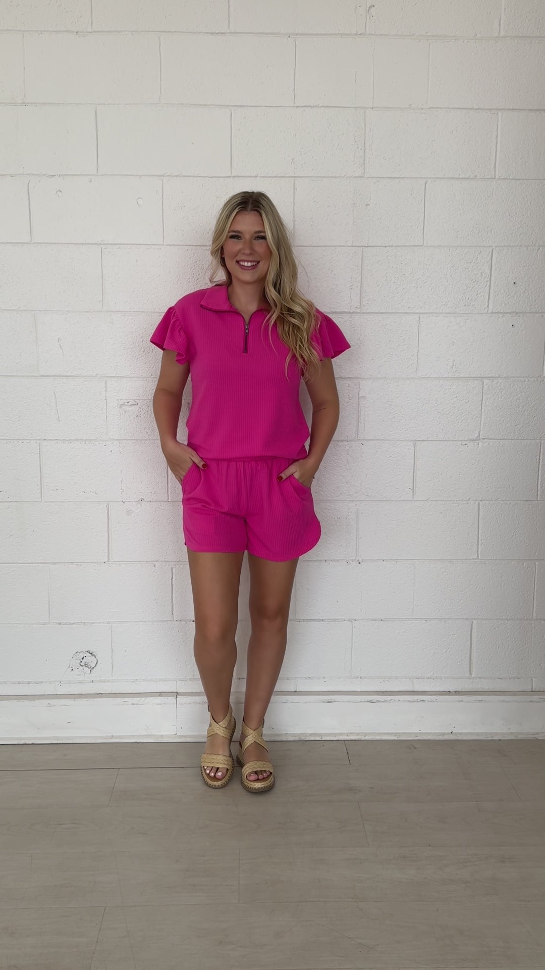 Hot Pink Quarter Zip with Flutter Sleeves