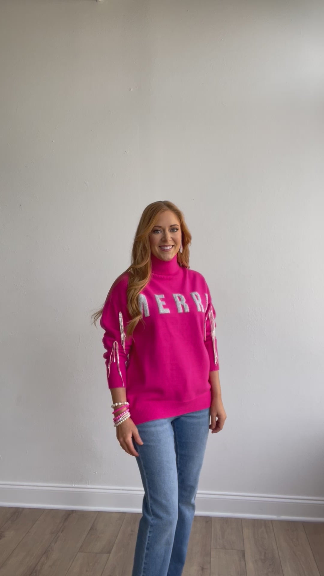 Pink Sweater with Merry and Rhinestone Tassel