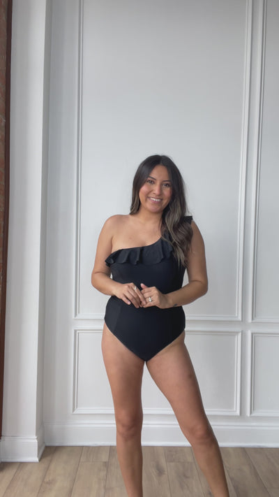 The Sophia Black One Shoulder One Piece with Ruffle