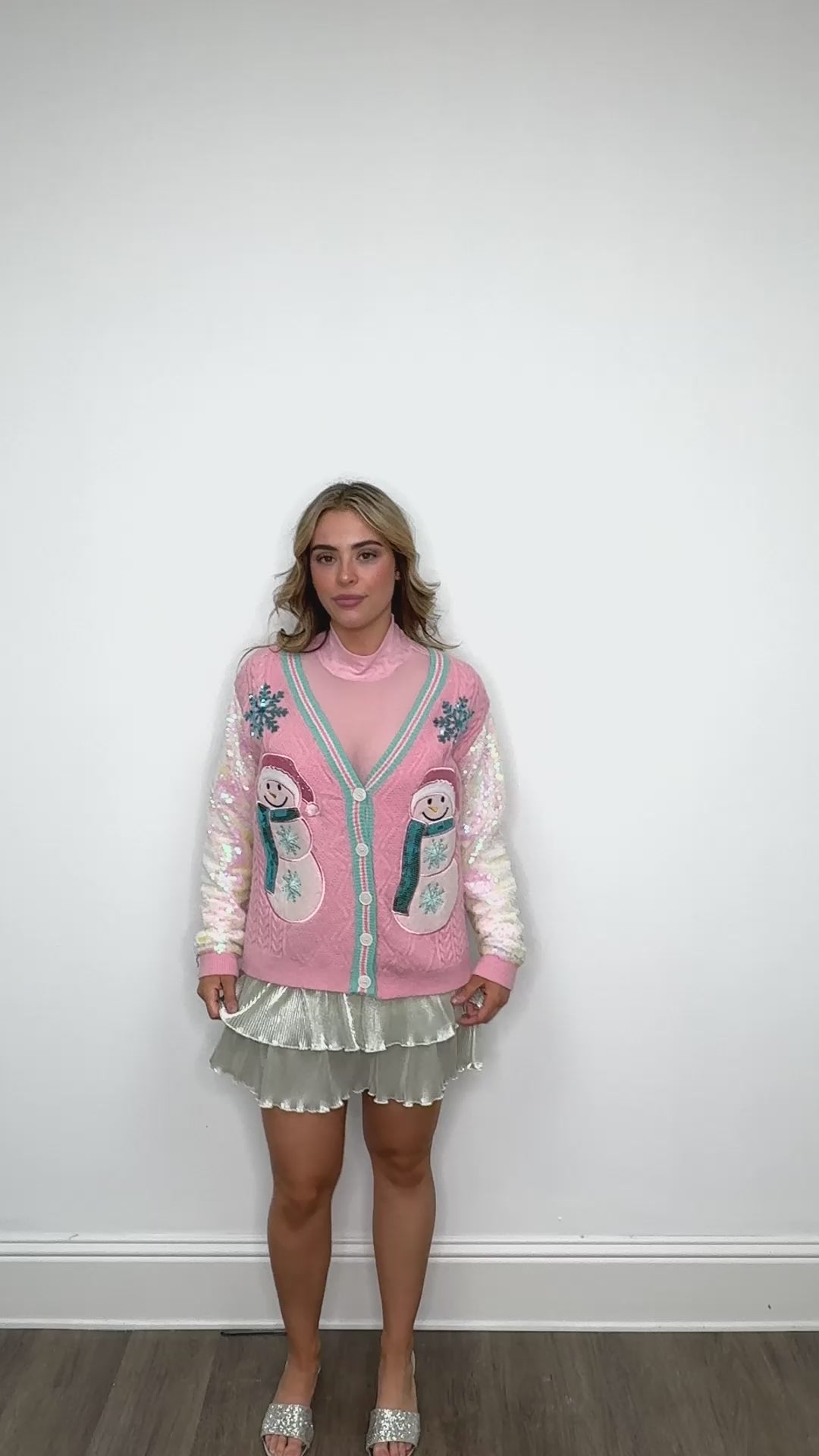 Snowman Cardigan with Sequin Sleeves