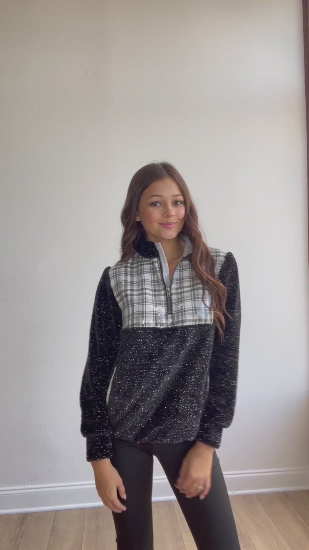 Pumpkin Patch Ready Black Gingham Sherpa Half Zipper