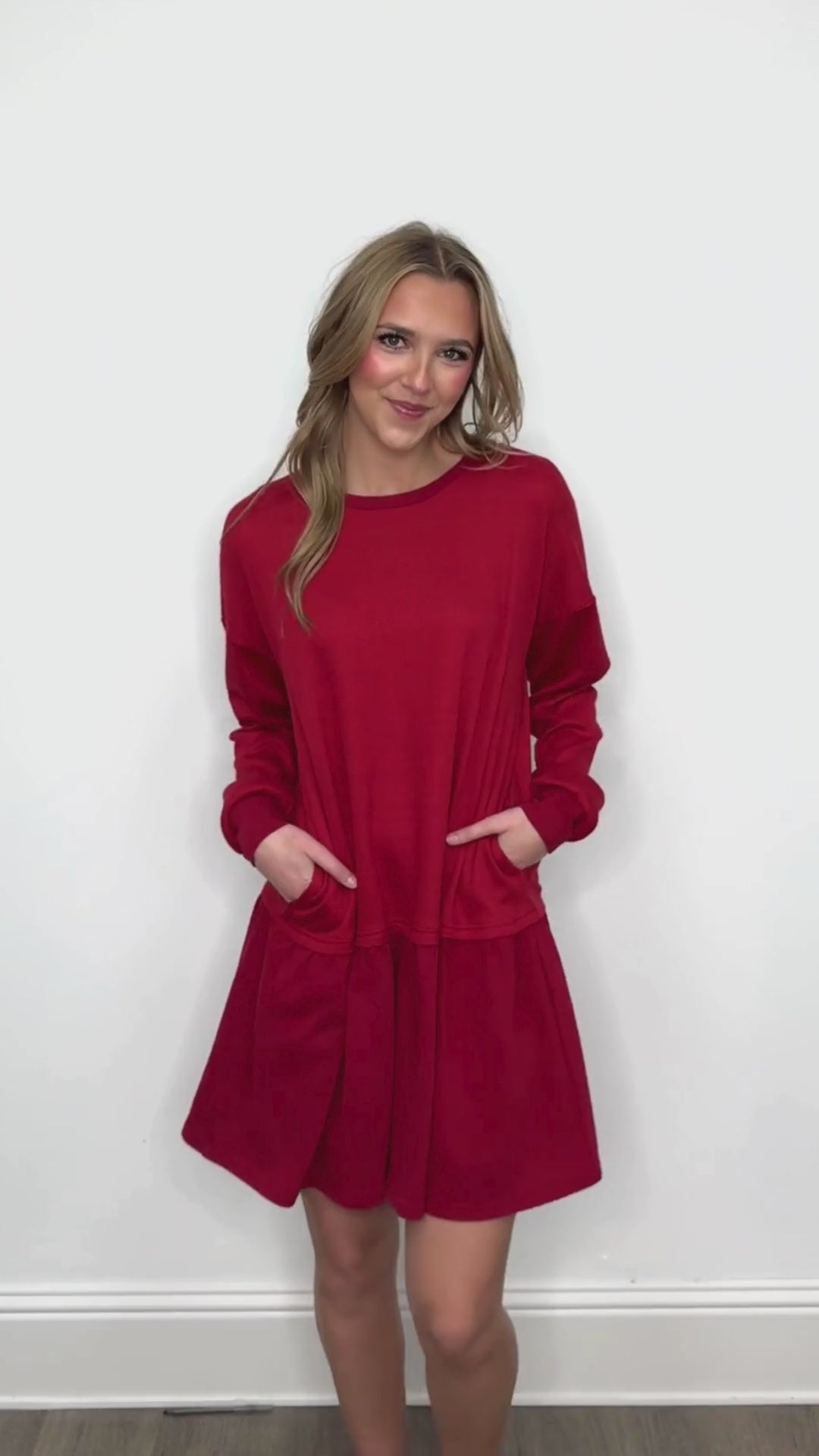 Waffle Knit Long-Sleeve Dress, Red