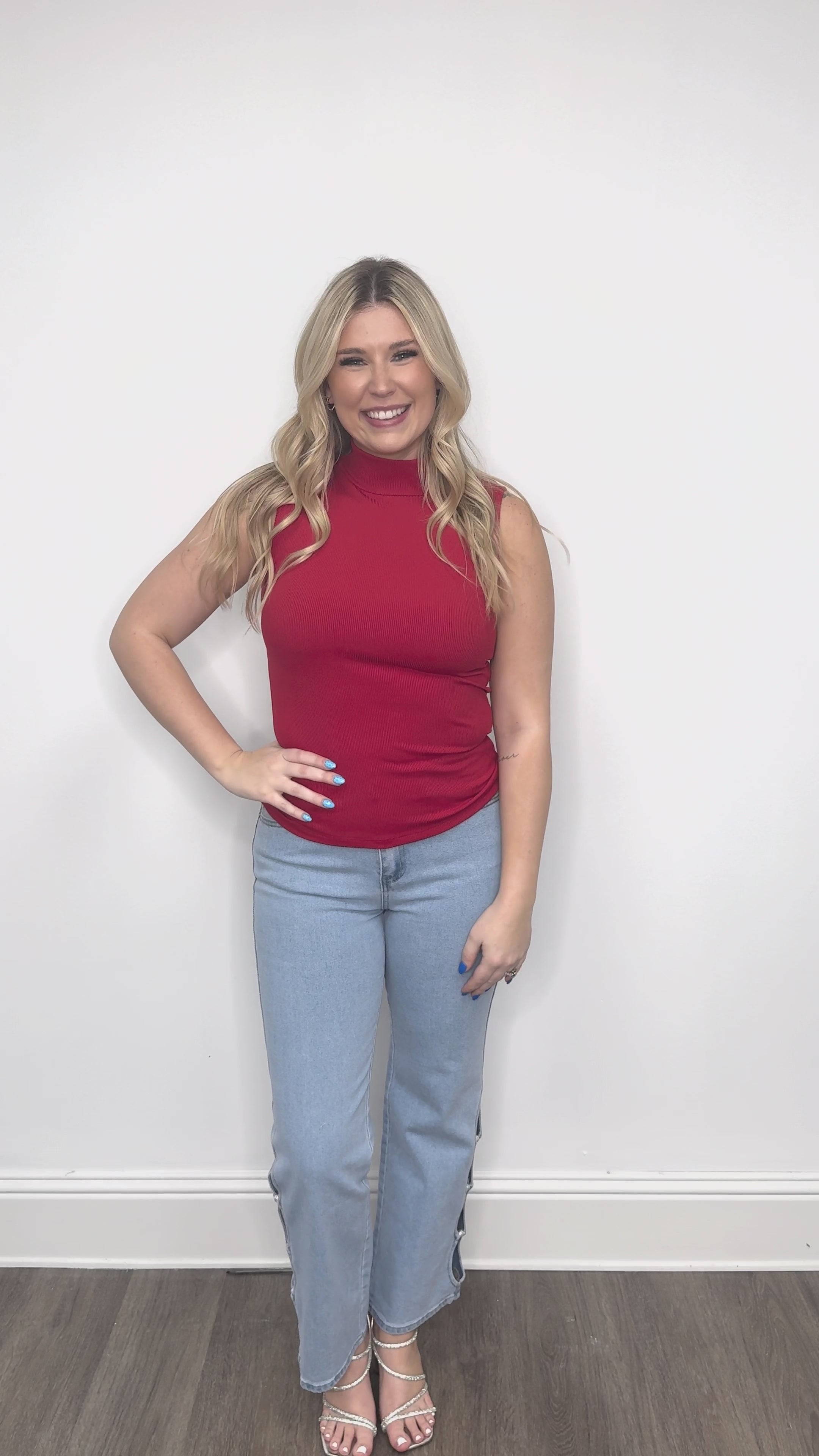 Sleeveless Ribbed Turtleneck, Red