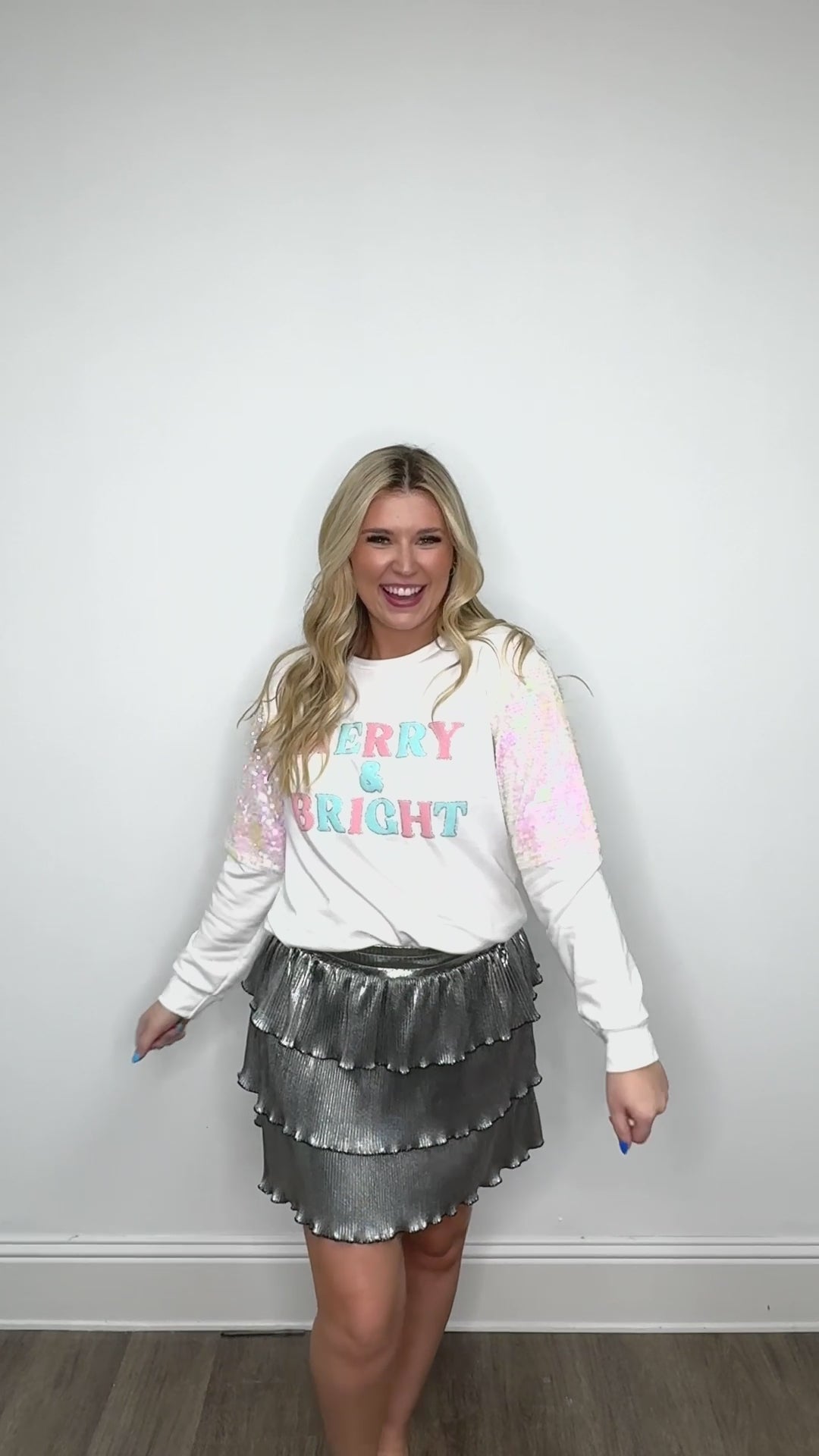 Merry & Bright on Light Weight Sequins Crewneck, White