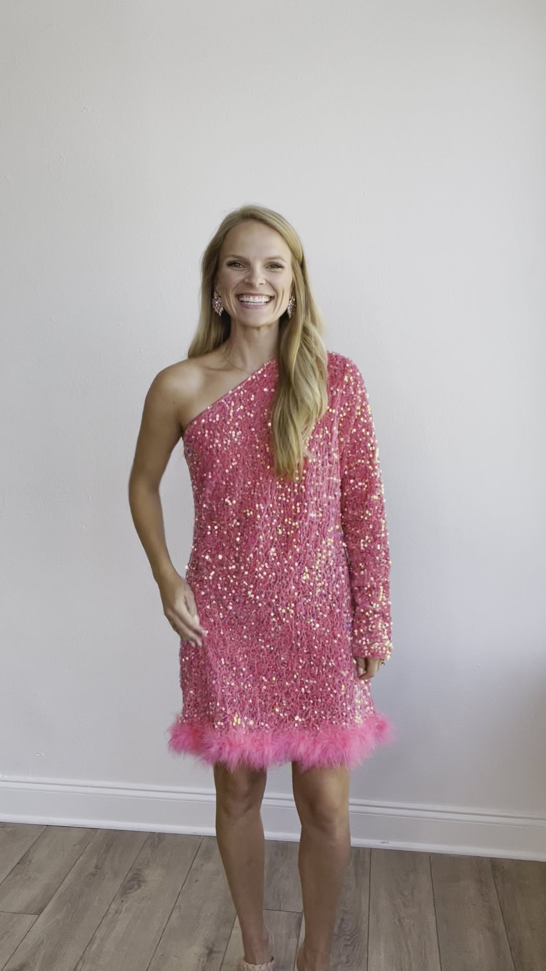 Feathered Opulence Sequin Dress in Pink