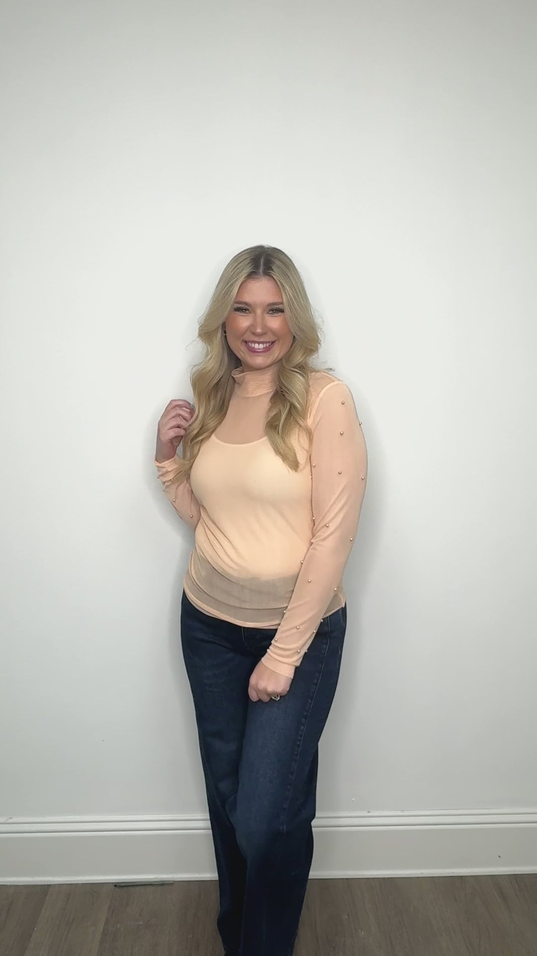 Mock Neck Mesh Top with Pearl Detail, Champagne