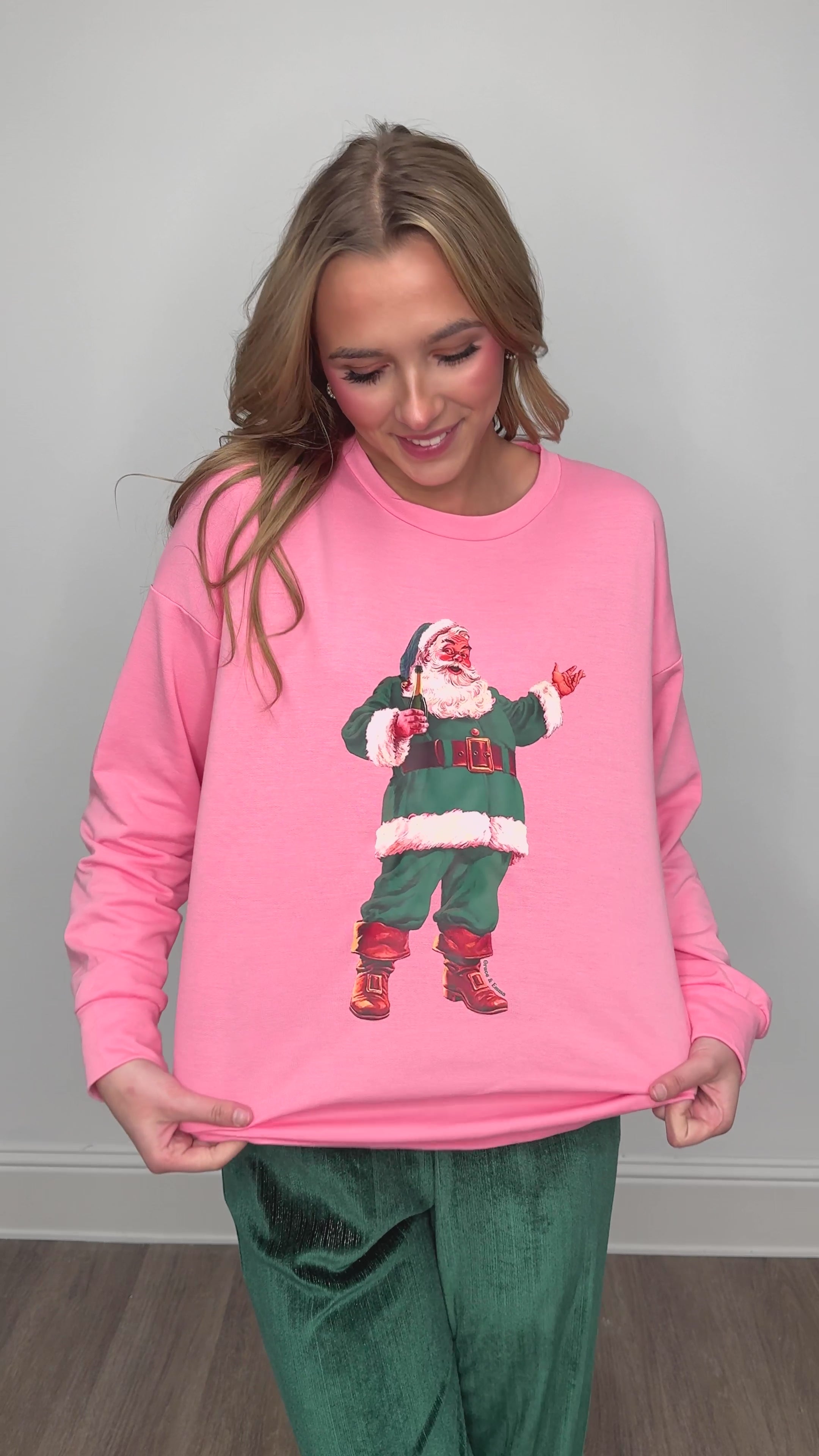 Santa With Champagne on French Terry Crewneck, Pink