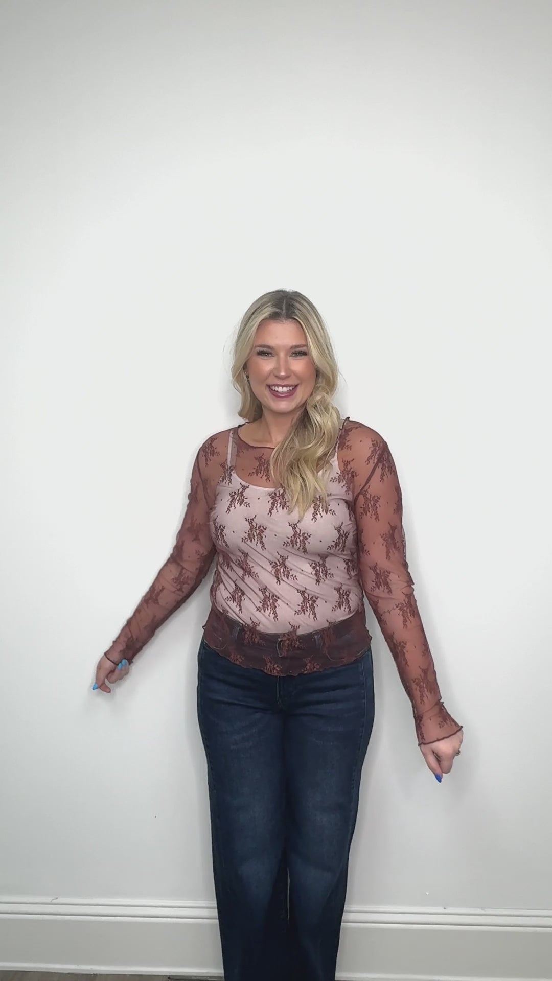 Lace Long-sleeve Top, Brown