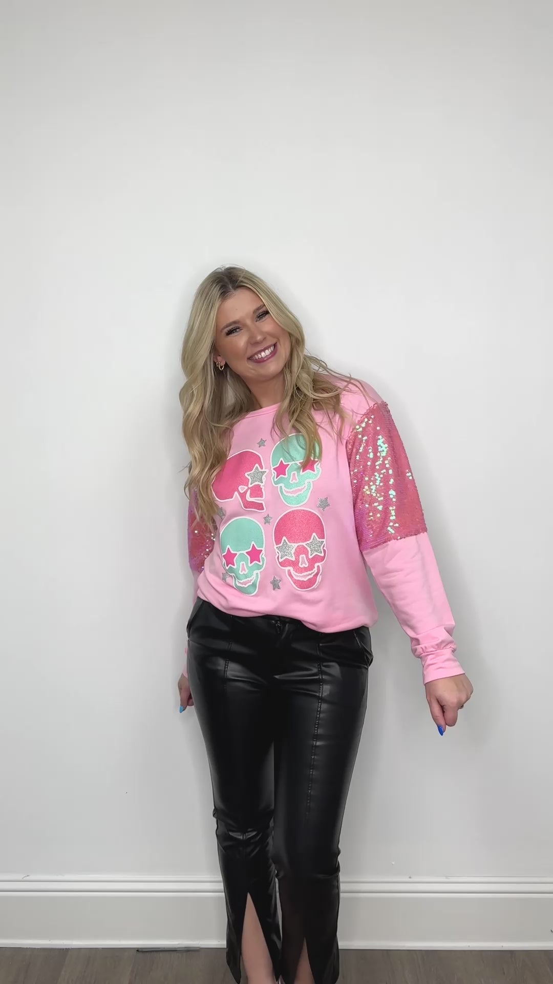 Candy Skull on Long-Sleeve Top, Pink