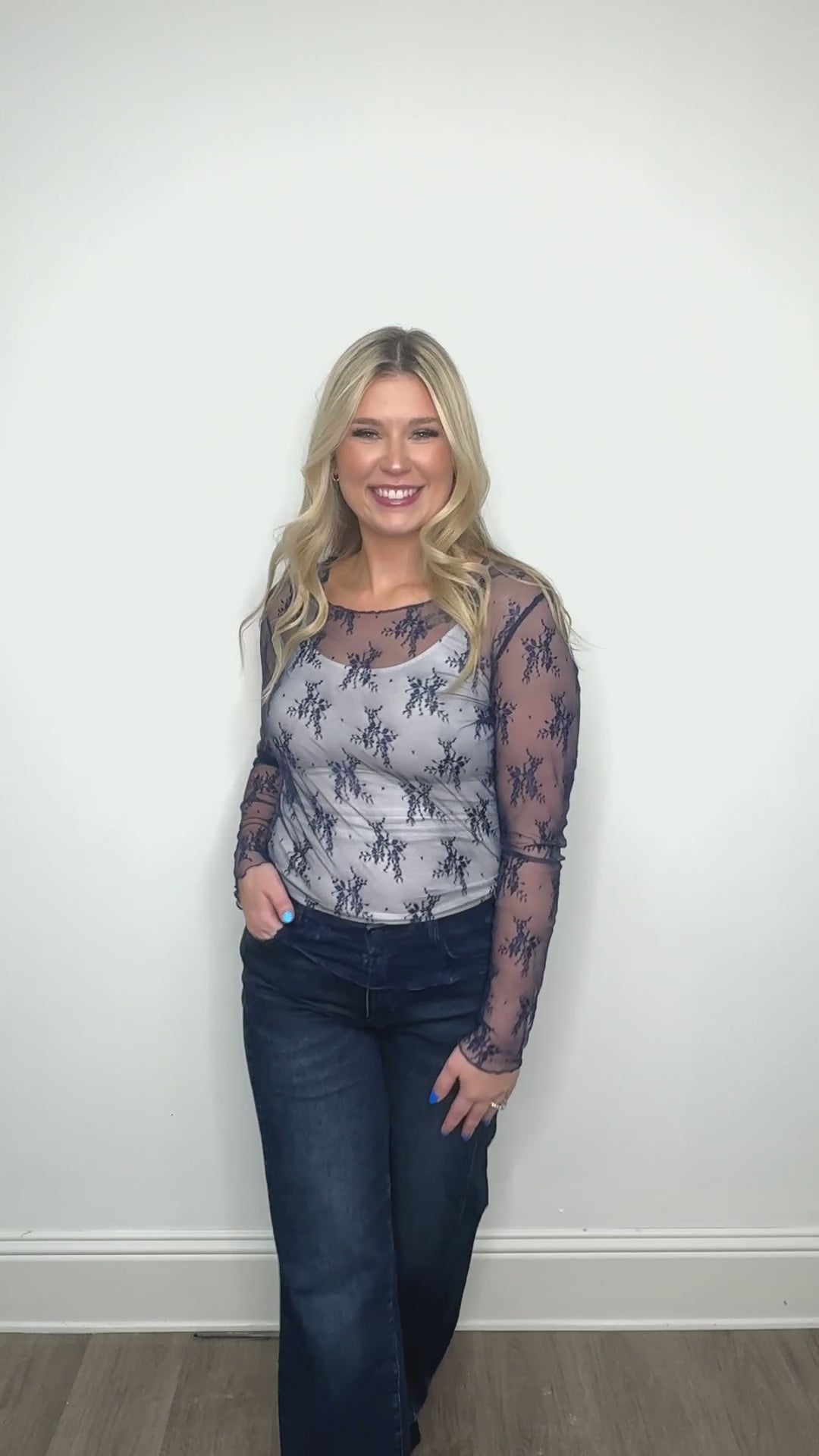 Lace Long-sleeve Top, Navy