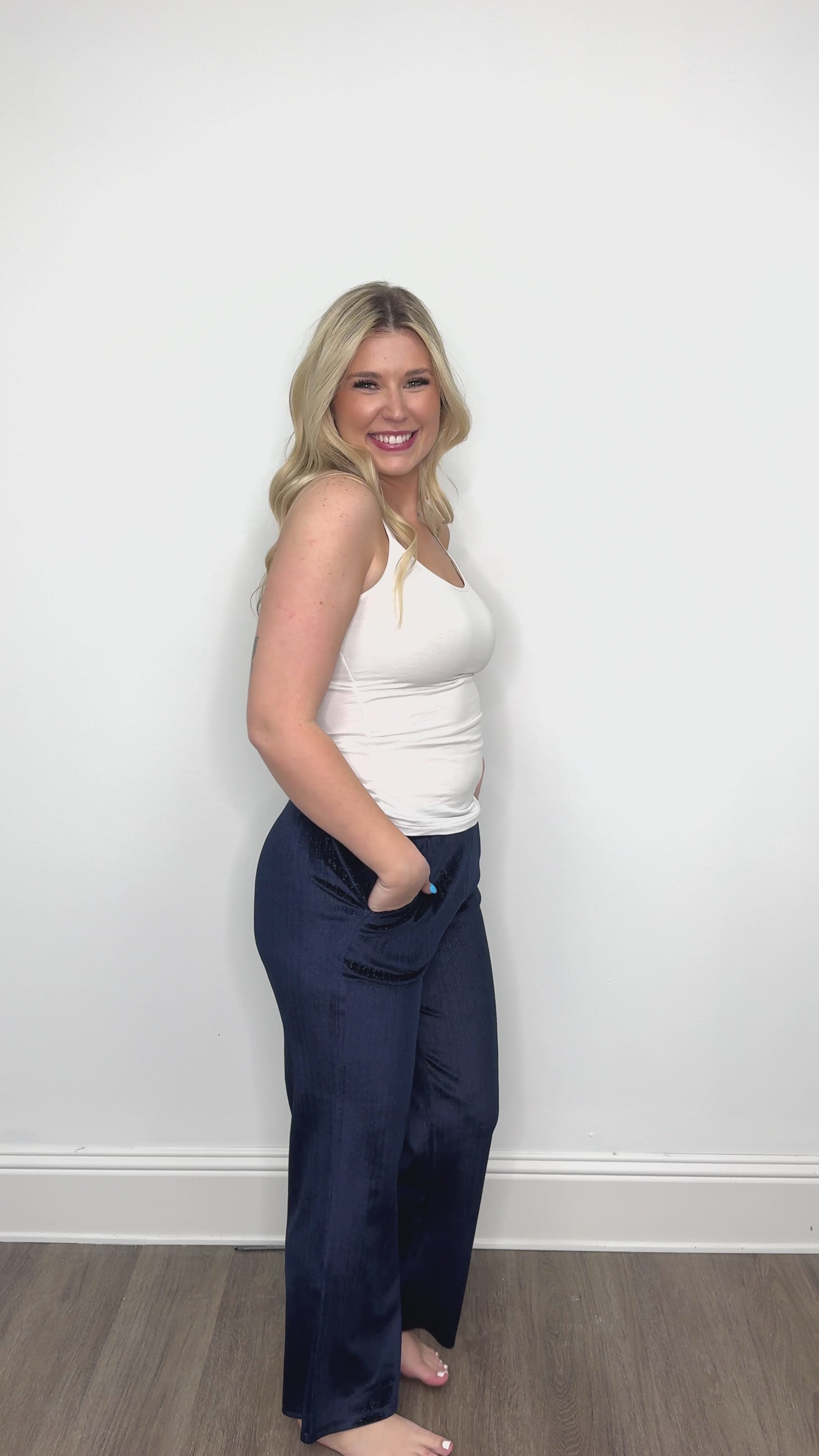 Velvet Straight-Leg Pants, Navy