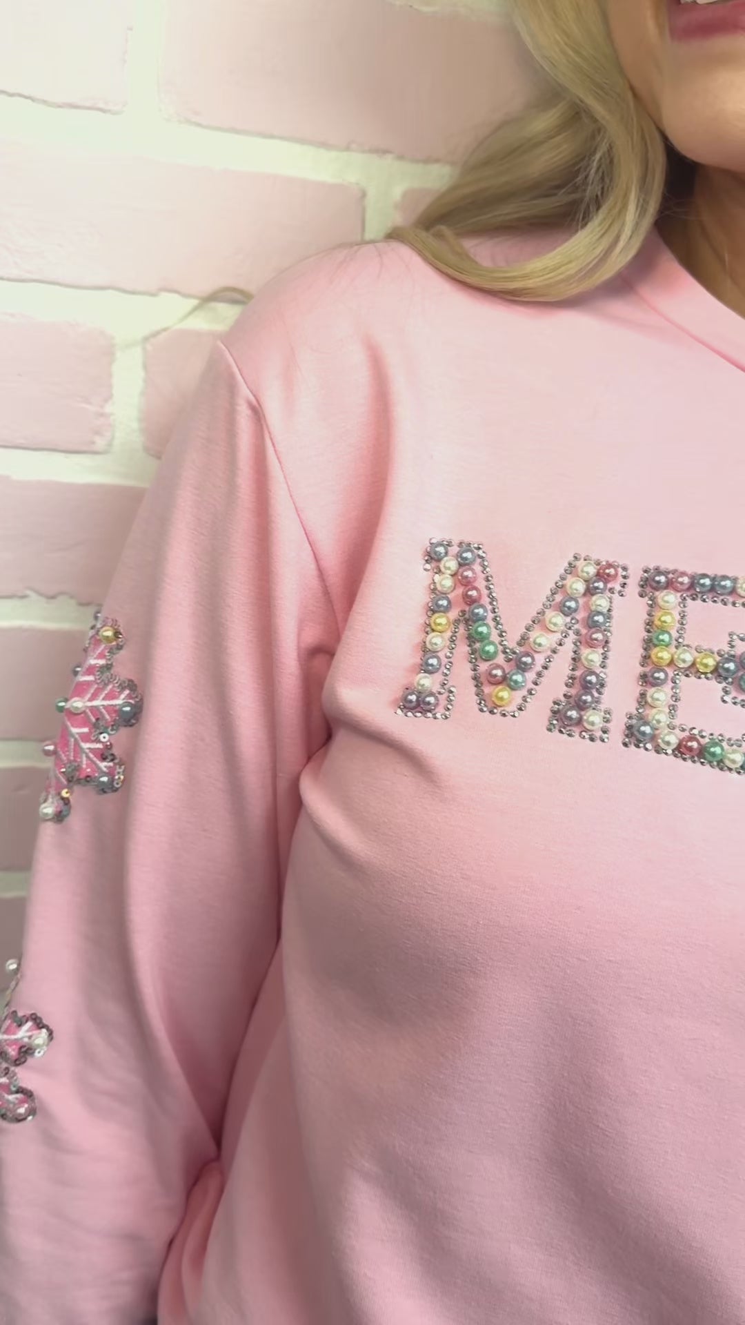 Pearl "Merry" on Pink Sweatshirt