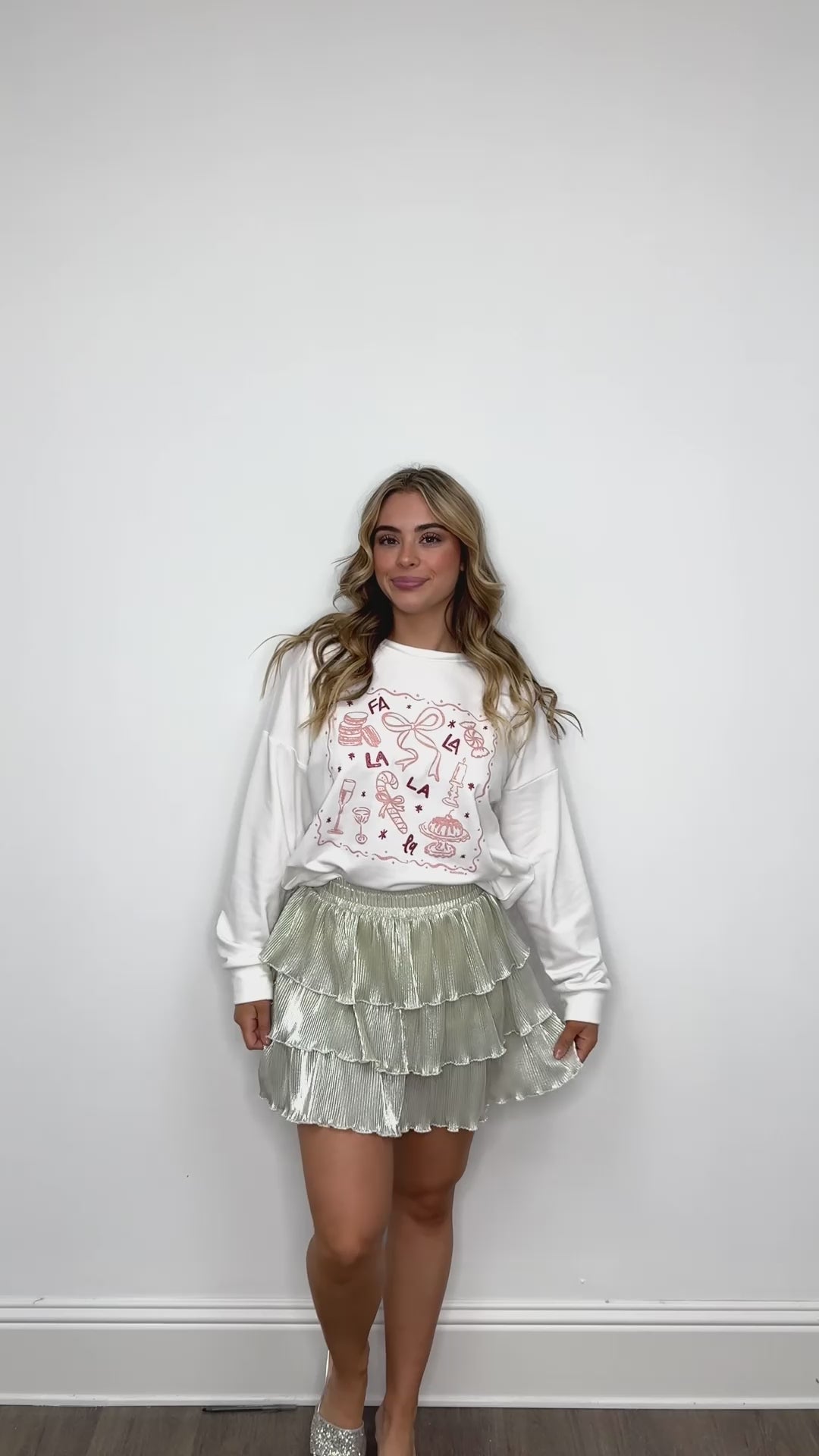 Fa La La La on French Terry Crewneck, White