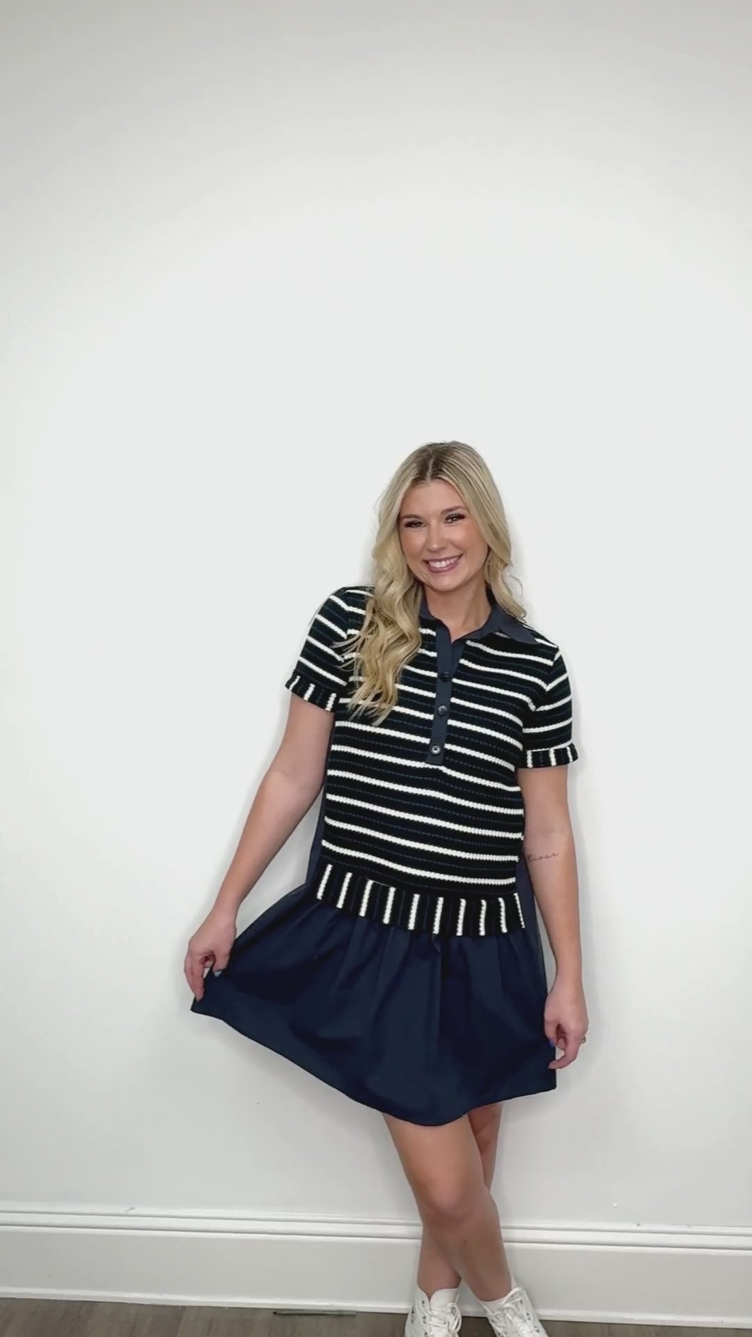 Striped Knit Top with Attached Skirt, Navy