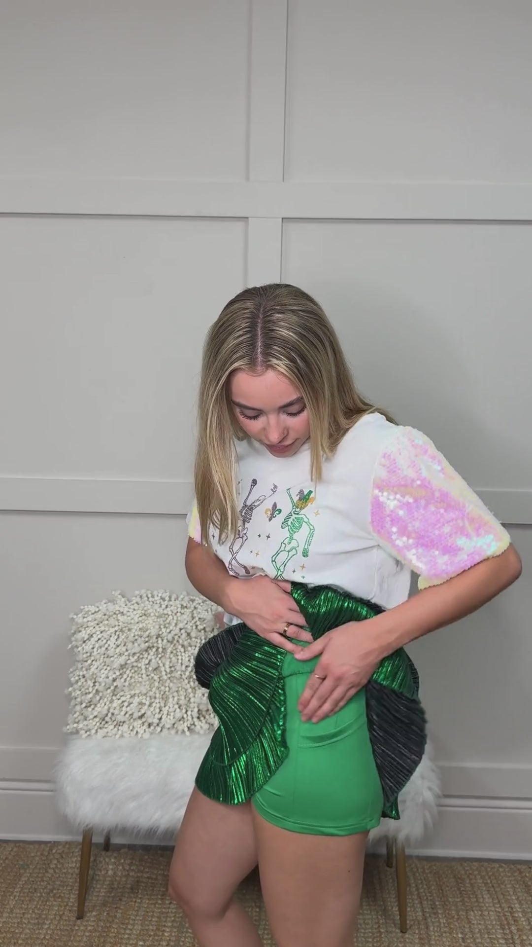 Green Shimmer Ruffle Skirt with Shorts