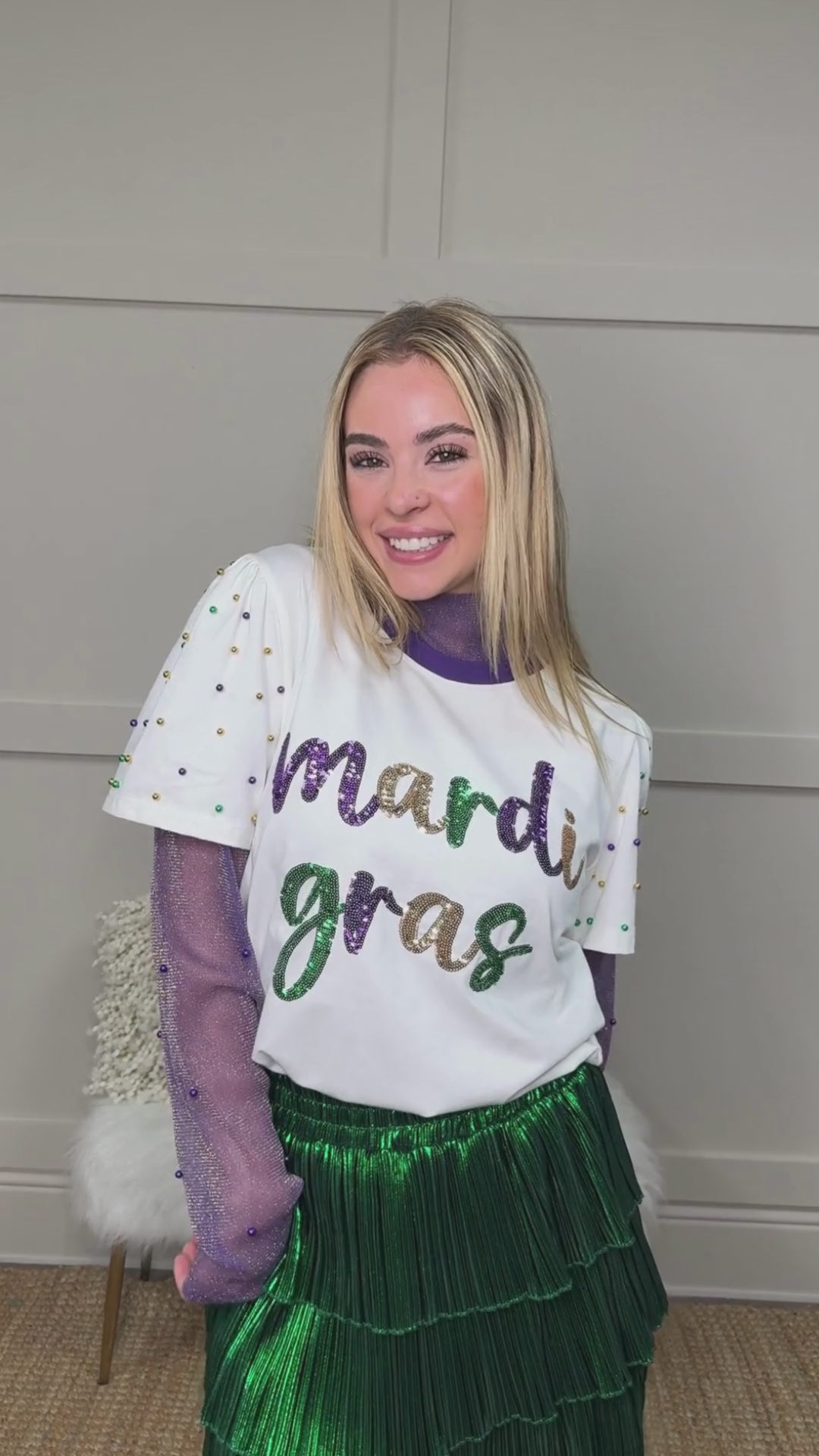 Sequin "Mardi Gras" on White Princess Top