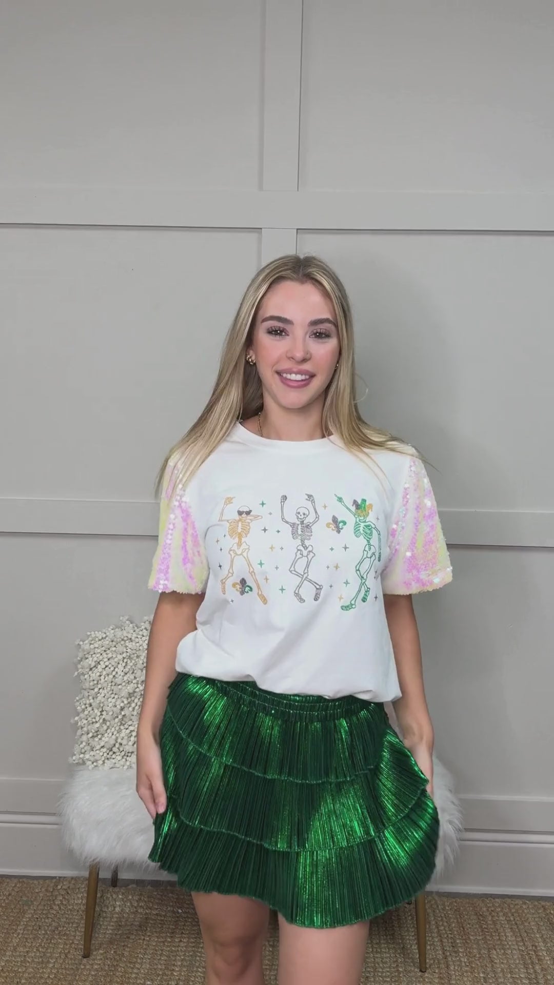 Dancing Mardi Gras Skeleton on Princess Top, White