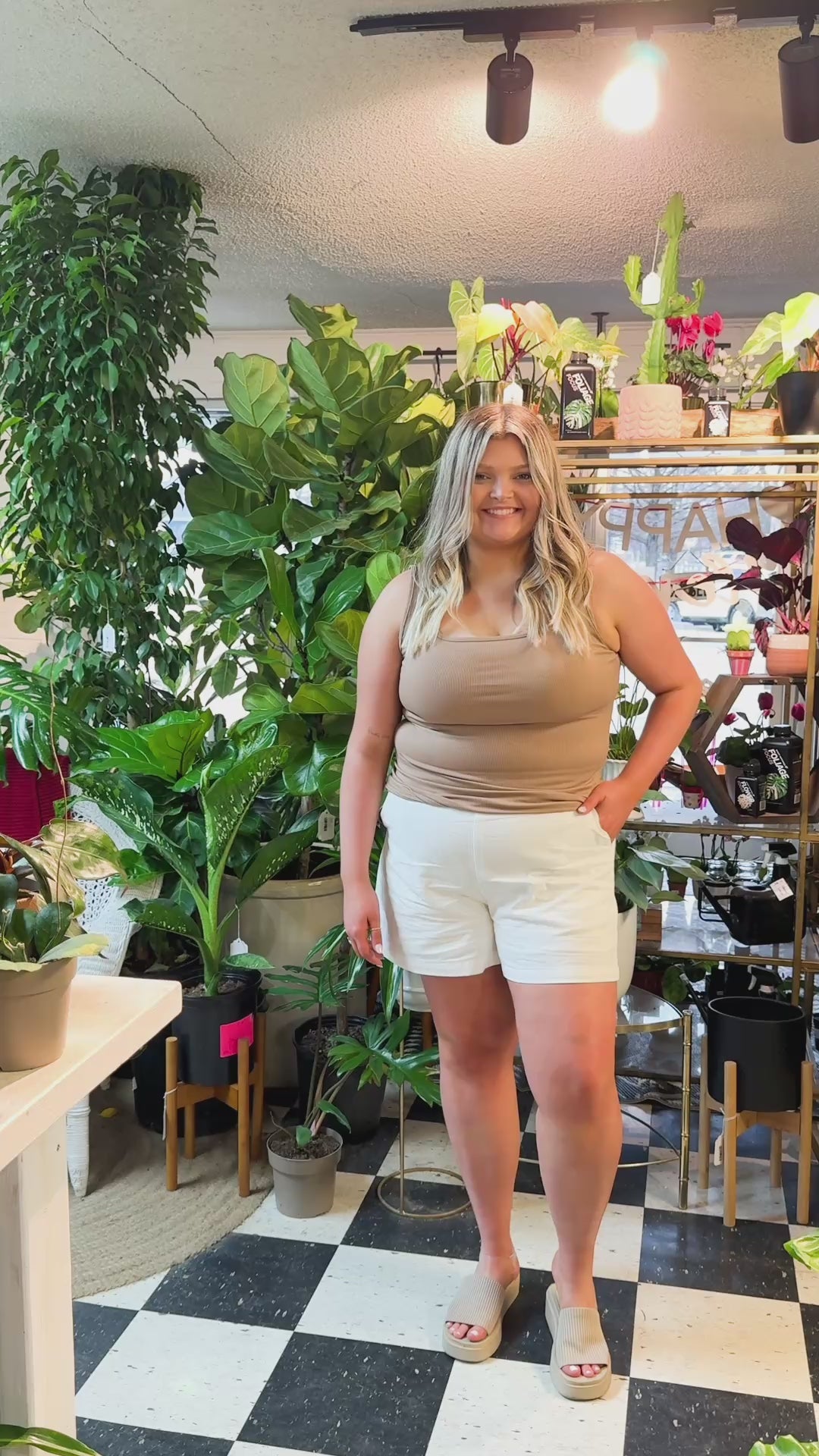 Bella Square Neck Rib Knit Tank Top, Tan