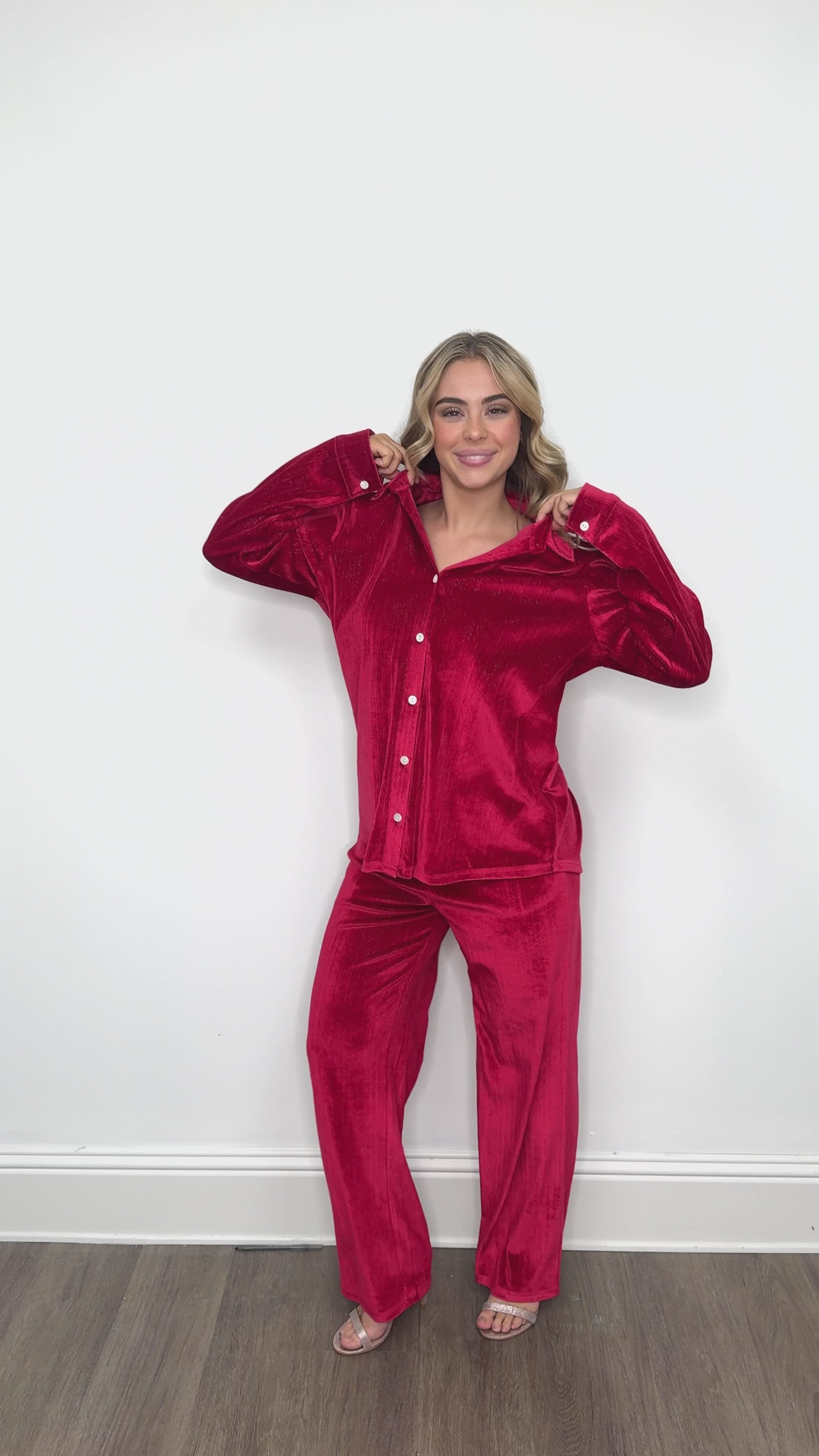 Velvet Button-Up Top, Red