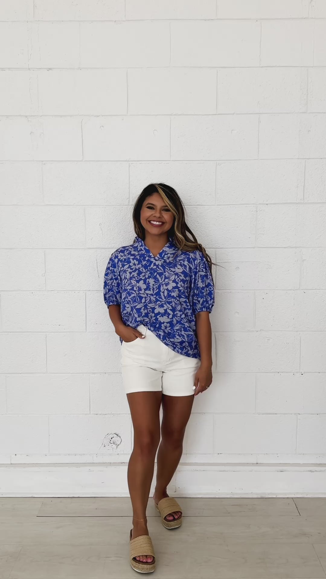 Blue Floral Puff Sleeve Blouse