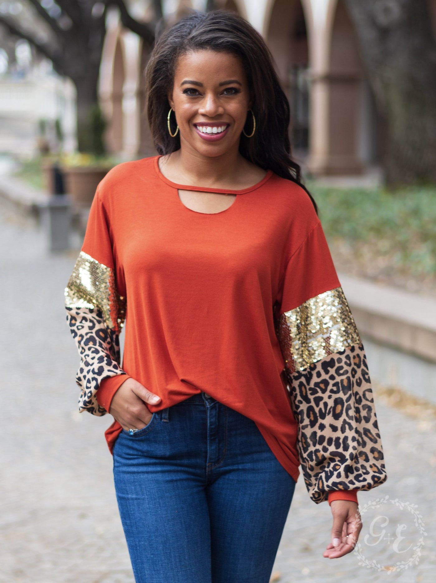 About Last Night Cut Out Top with Balloon Long Sleeve, Burnt Orange