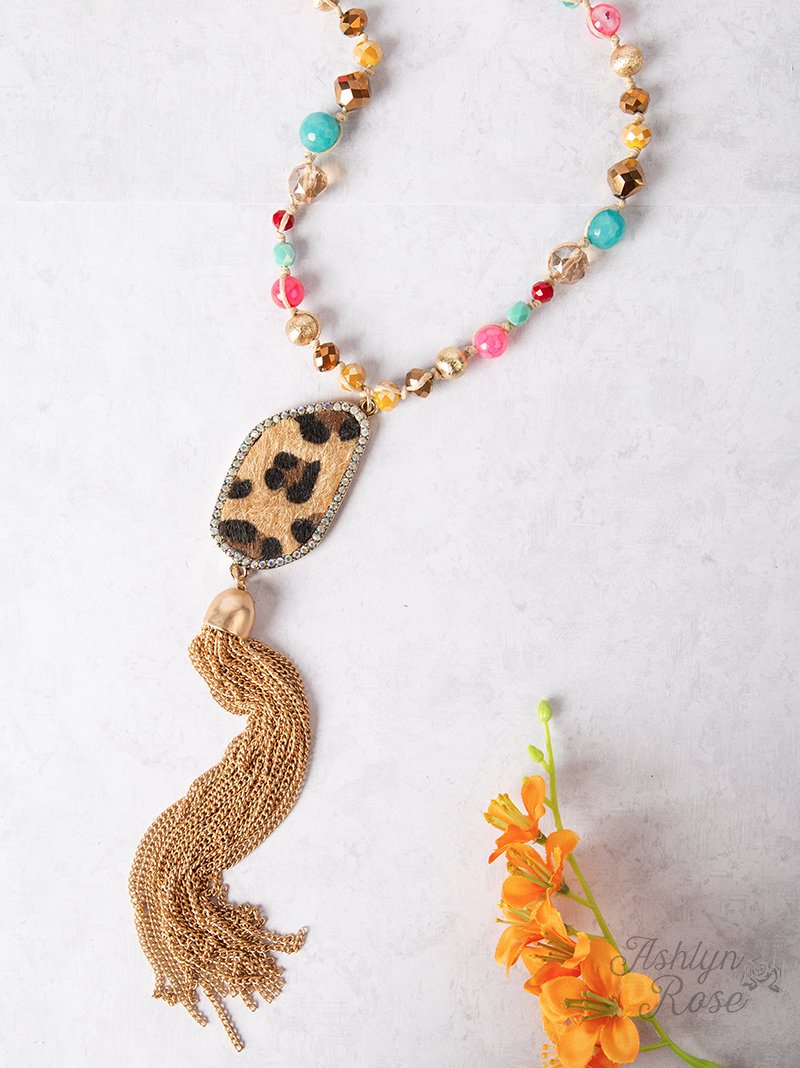You Go Girl with Furry Stone and Gold Chain Tassel Beaded Necklace