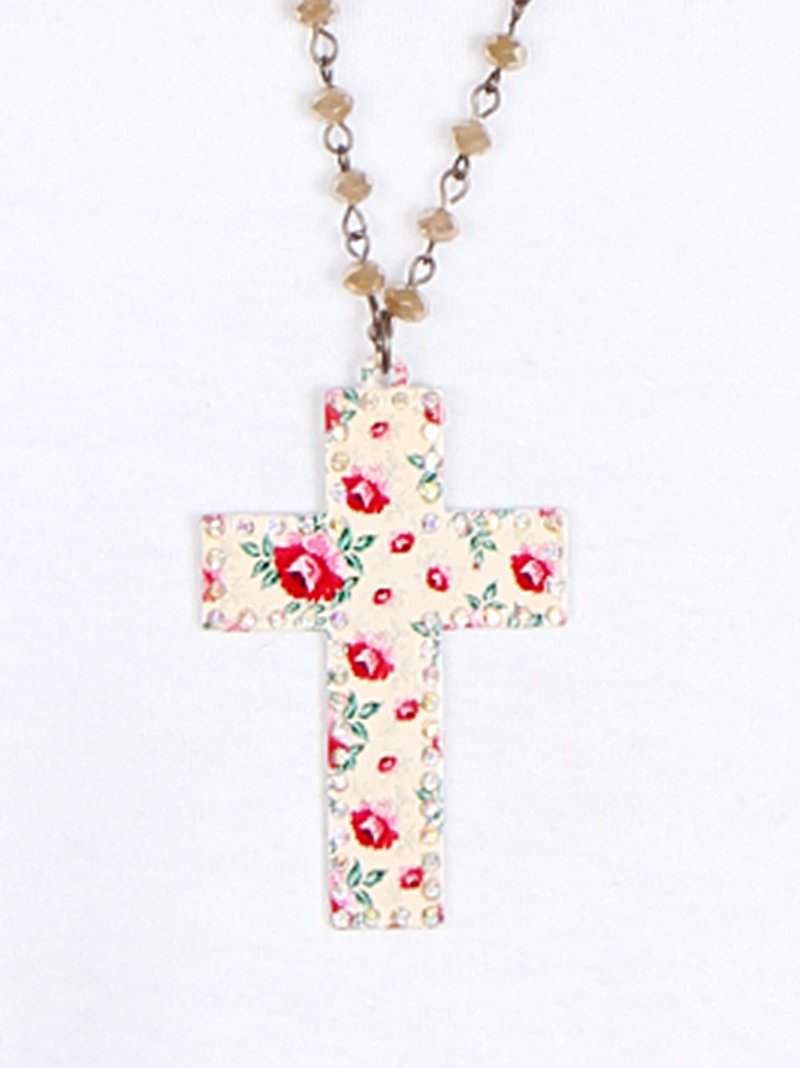 Beige Floral Cross Necklace with AB Crystals