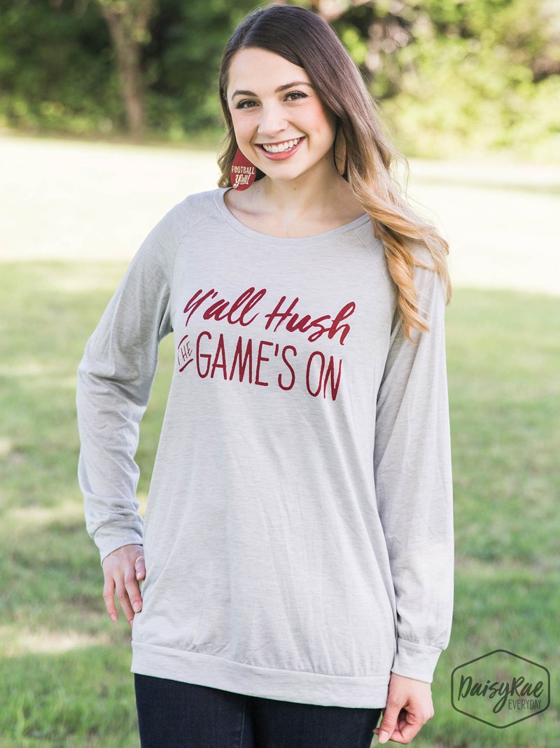 Y'all Hush The Game's On Light Grey Longsleeve Tee, Dark Red Ink