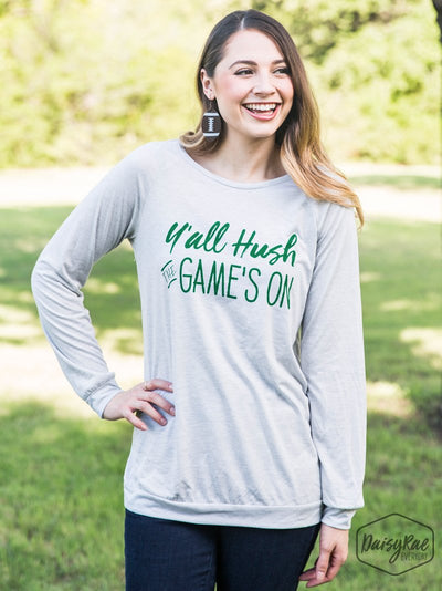 Y'all Hush The Game's On Light Grey Longsleeve Tee, Green Ink