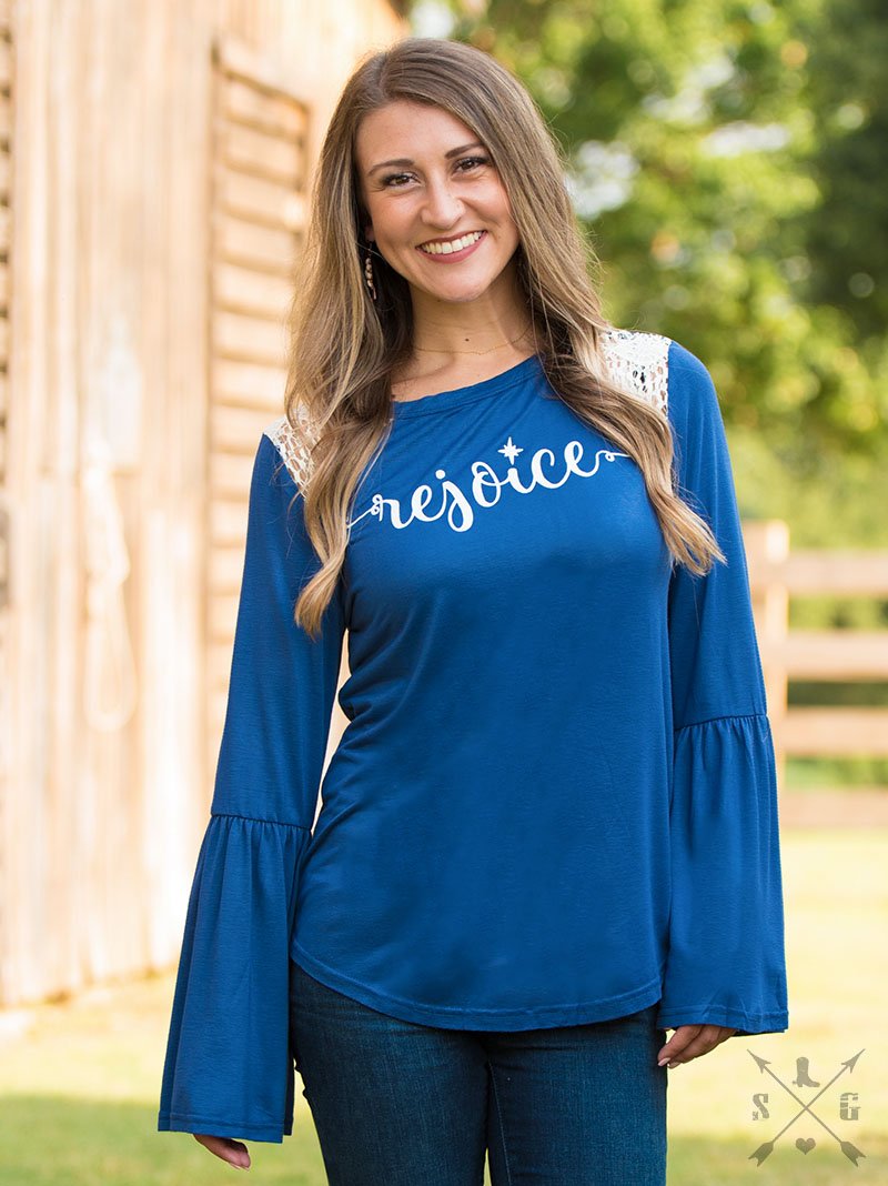 Rejoice on French Blue Longsleeve with Lace Accent and Bell Sleeves
