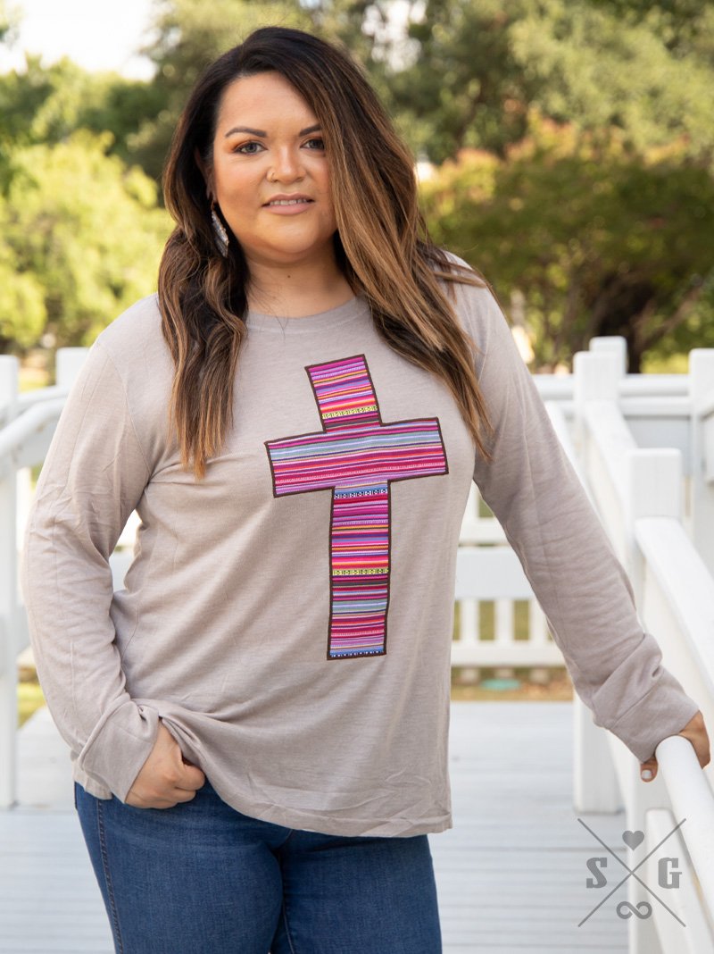 Embroidered Serape Cross on Taupe Longsleeve Tee