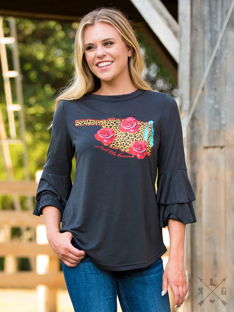 Just Like Heaven Oklahoma on Grey Loose-Fit Blouse with Ruffle Sleeves