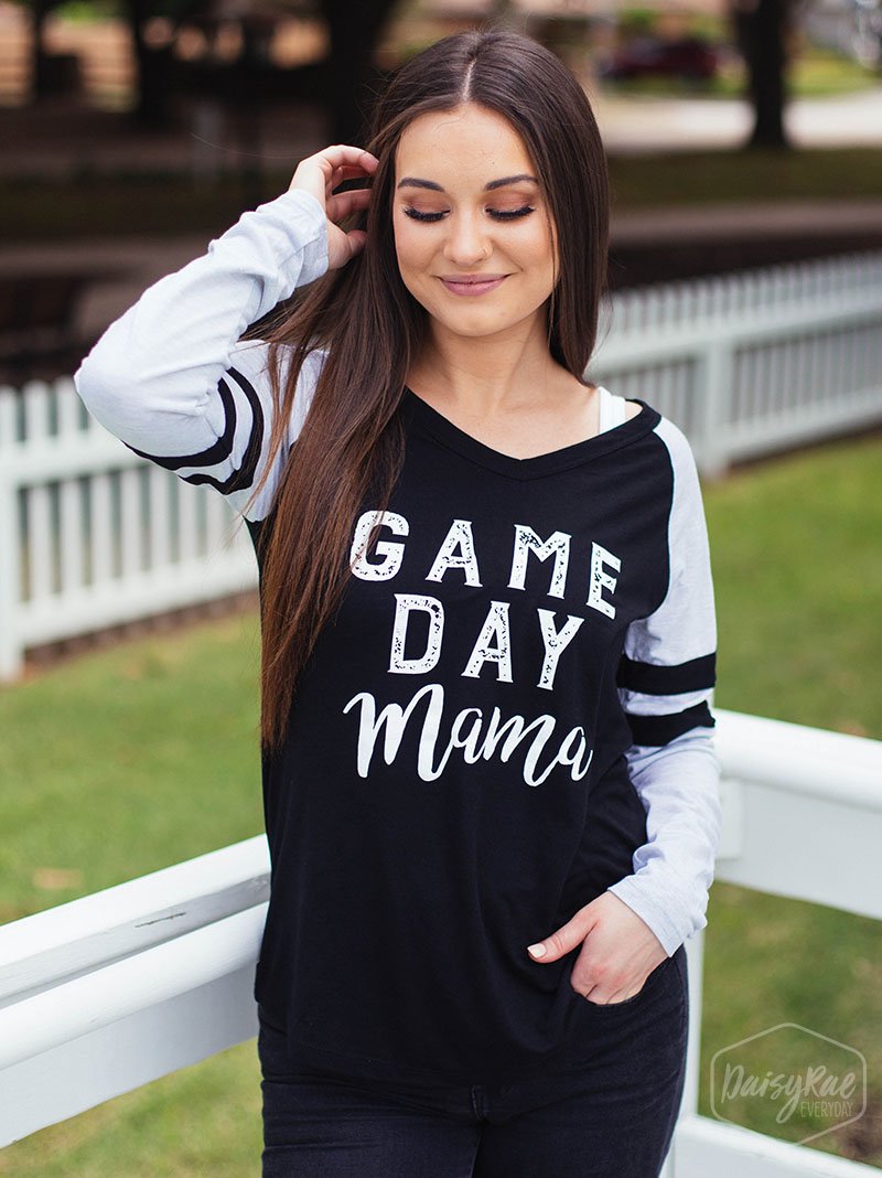 Game Day Mama on Black Longsleeve Tee with Grey Sleeves & Varsity Stripe