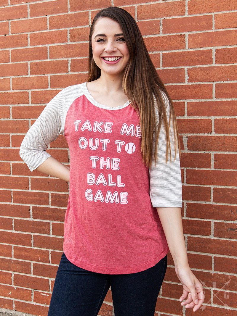Take Me Out to the Ball Game on Faded Red & Grey Striped Raglan