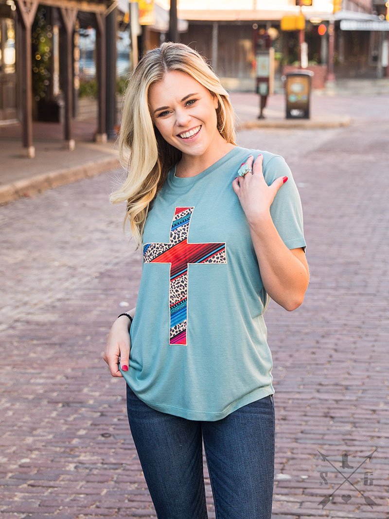 Serape & Leopard Cross Patch on Sky Blue Crewneck Tee