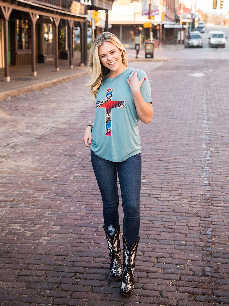 Serape & Leopard Cross Patch on Sky Blue Crewneck Tee